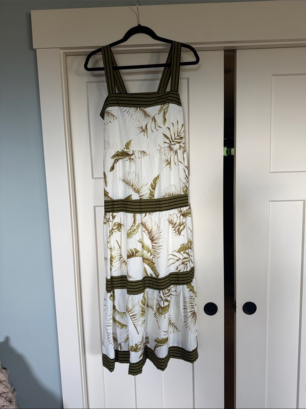 White Maxi Dress with Olive Green Tropical Print and Striped Accents